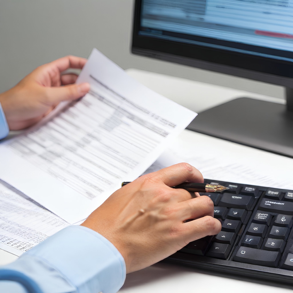 person cross checking printet info with digital data