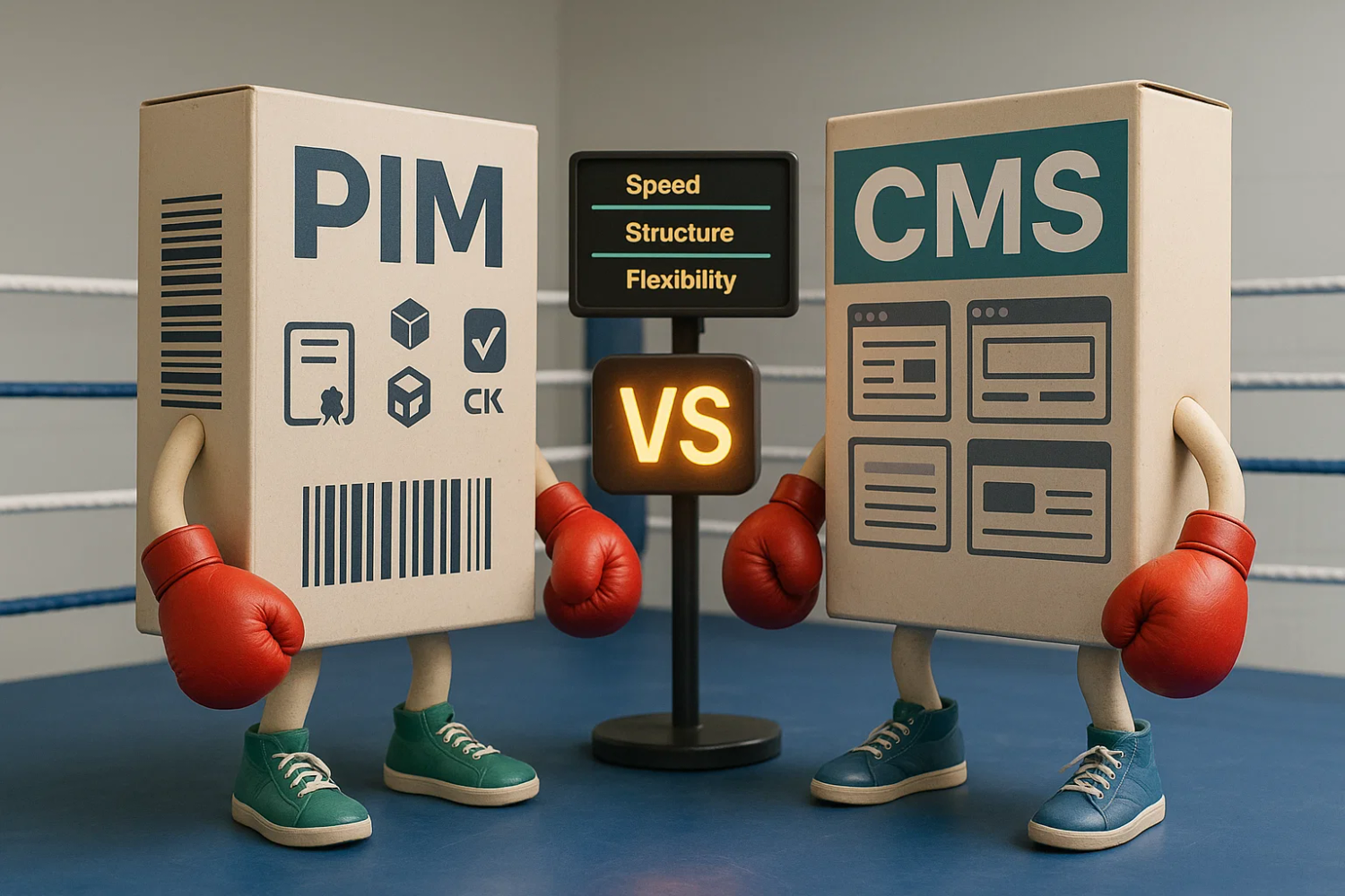 software packages with arms and legs in a boxing ring