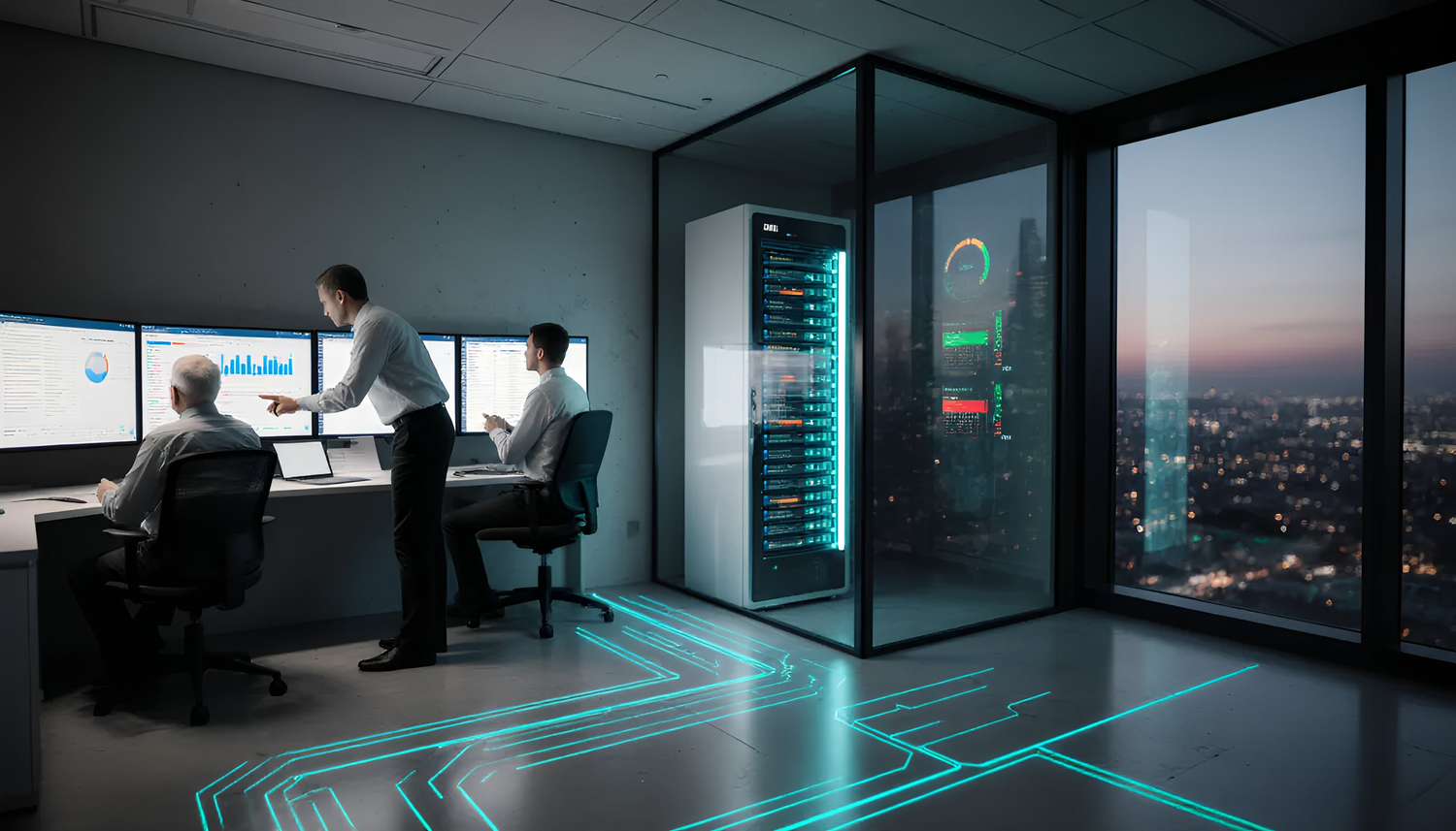 A control room inside a high-rise office at night, where three operators monitor a large wall of live analytics screens showing job statuses, alerts, and system health indicators