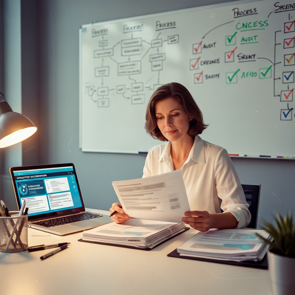 A financial IT analyst in a modern corporate office reviewing a monitor displaying a dependency impact map