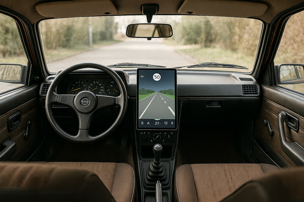 Opel Kadet 1980's style with a large infotainment screen replacing the whole dashboard