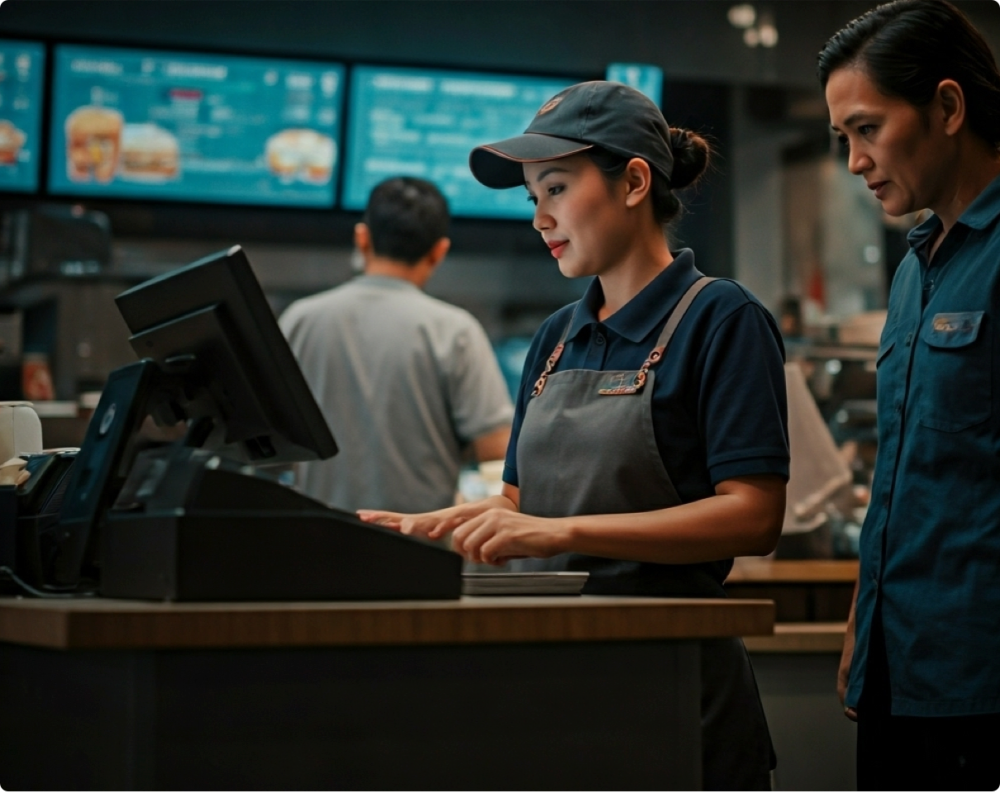 Employee in fastfood restaurant serving with manager on the side