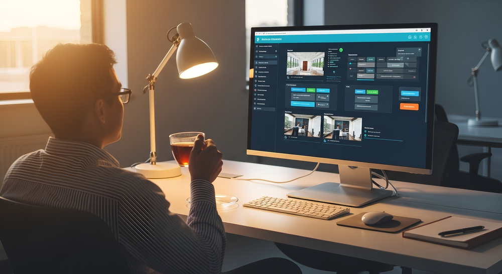 An employee sits in front of a screen, not working, just watching.