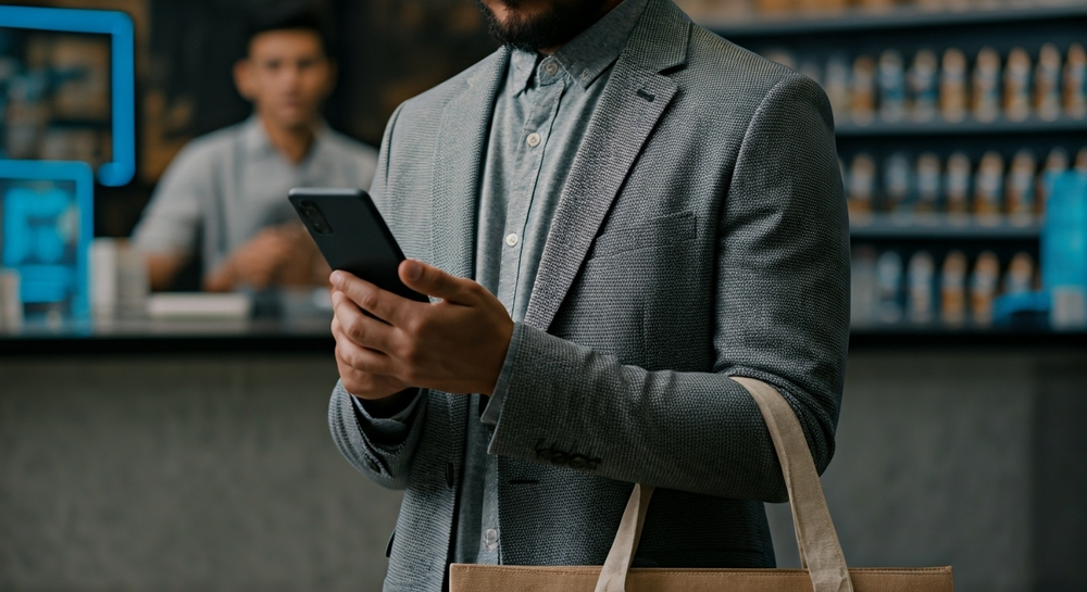 person in a dress jacket buying on phone while standing in the physical shop