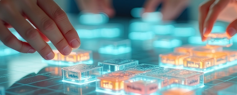 Hands moving transparent cubes around on futuristic glass table