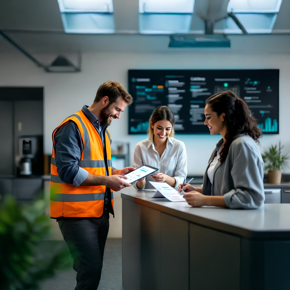 3 people standing around reception discussing while looking at computers and paper