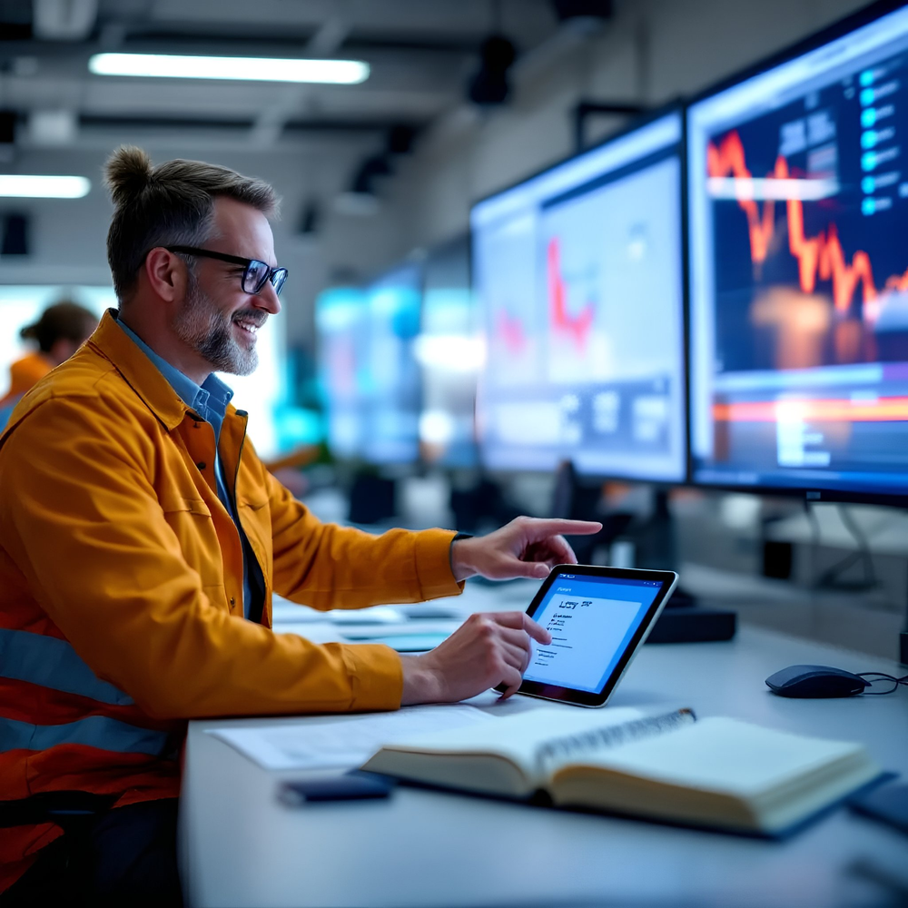 A bright, modern logistics control center with multiple large screens on the wall