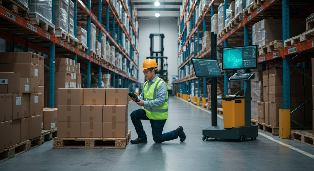 A warehouse employee kneels beside a pallet of boxed products, scanning a barcode with a handheld device