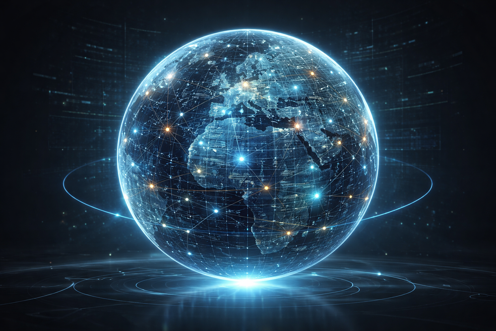 A semi-transparent 3D digital globe floating in a dark, elegant environment.