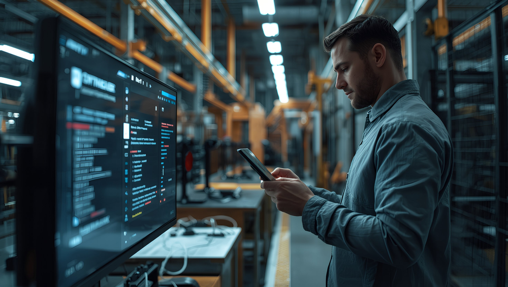 A production supervisor standing beside an assembly line, reviewing a tablet that shows a batch marked as completed.