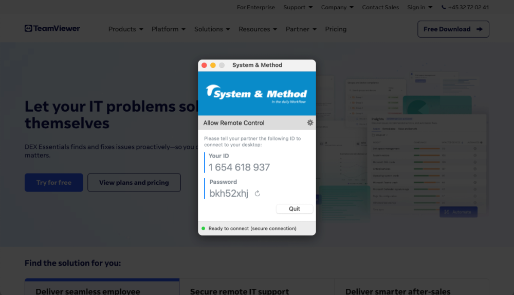 Screendump of TeamViewer sutogenerated ID and password