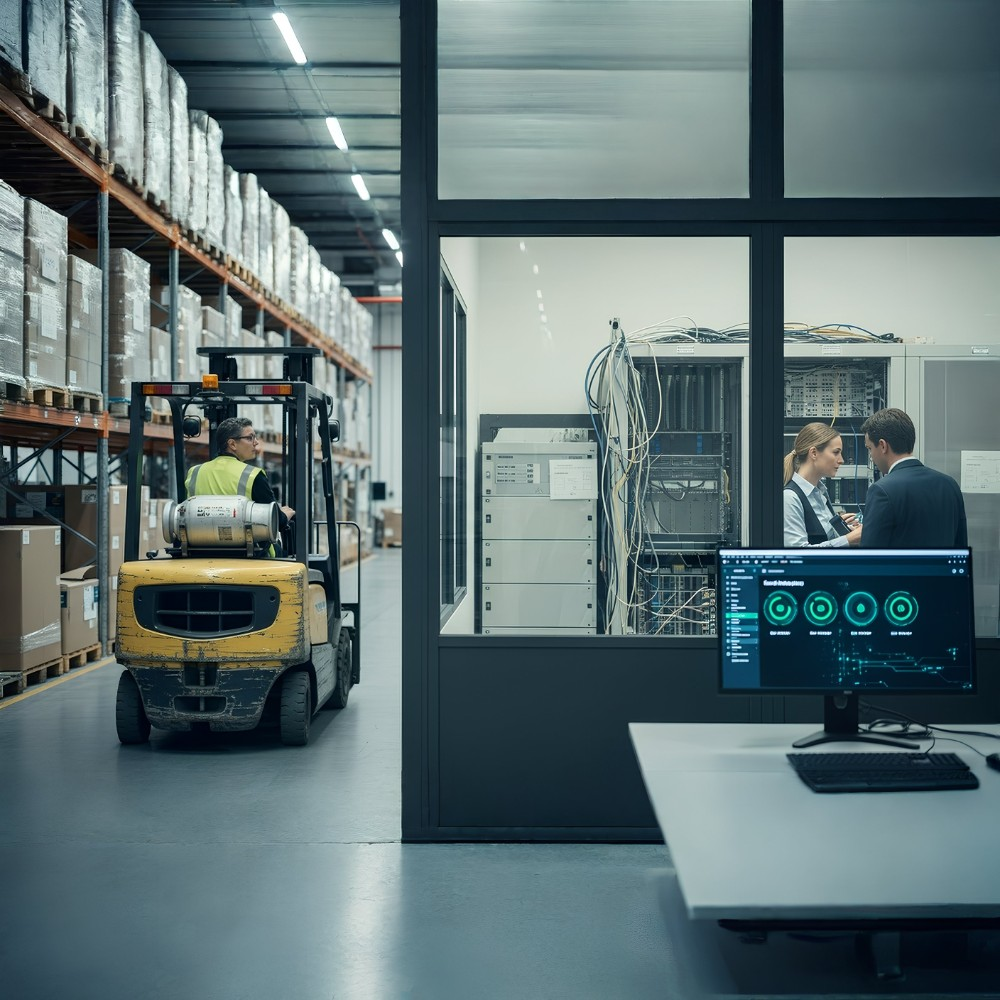 A mid-sized warehouse interior where a forklift sits idle in the ais